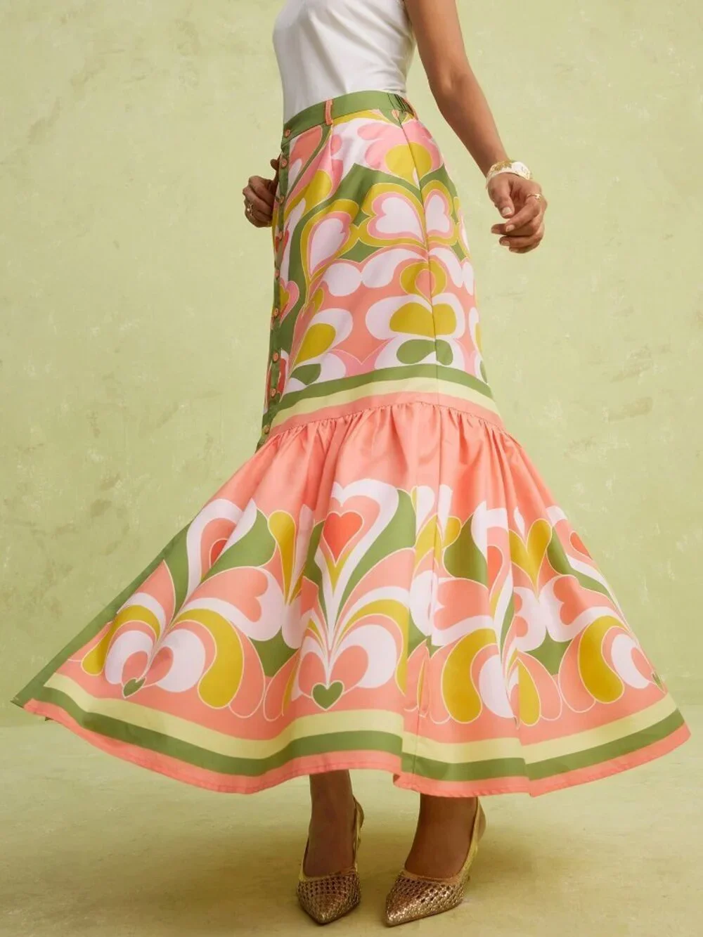 Multicolor Boho Women's Elegant Tea Party Heart Print Front Slit Skirt